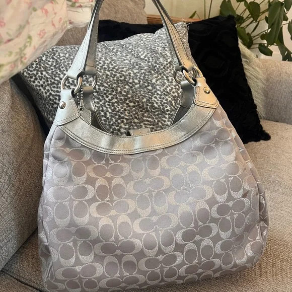 Coach Soho Signature Metallic Silver Gray Purple Sateen Buckle Hobo Shoulder Bag - Picture 2 of 10